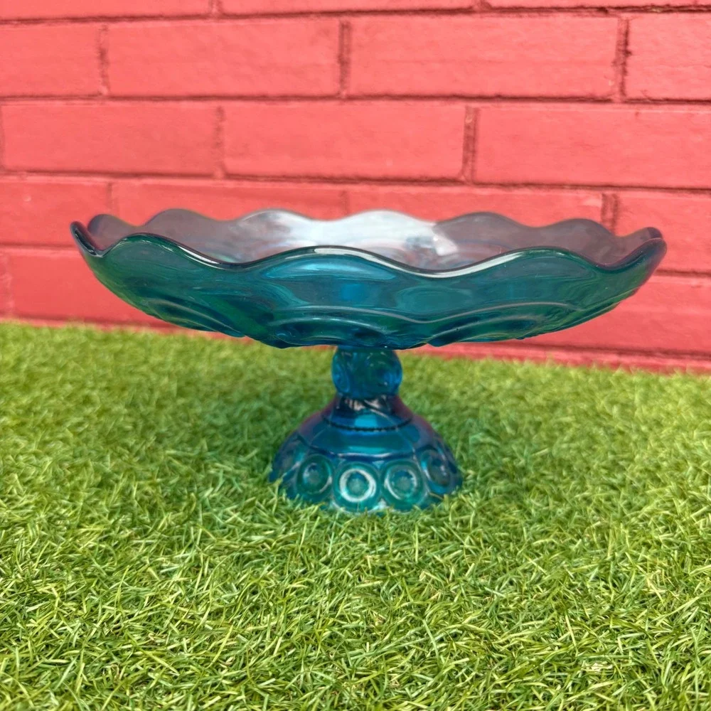 Vintage LE Smith Teal‎ Moon and Stars Glass Pedestal Cake Stand Candy Dish